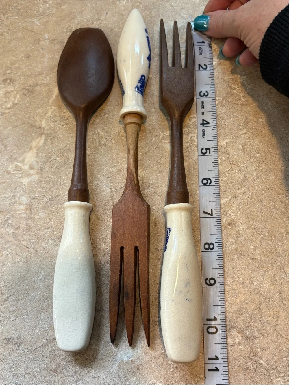 Vintage Blue & White Porcelain Handle Wooden Serving Utensils 3Pc
